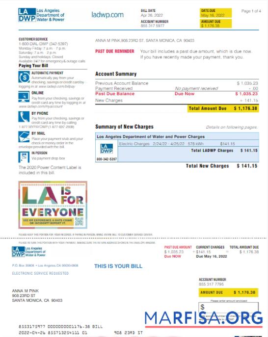 Blank USA LA DWP utility bill Word and PDF template